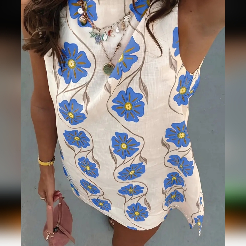 Women's Sleeveless Floral Print Beach Vacation Dress - Round Neck Fitted Summer - Picture 2 of 5